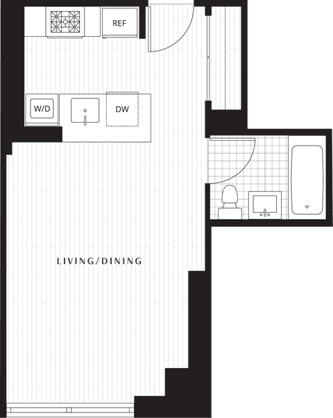 Floor plan for studio, 1 bath, 416 sqft